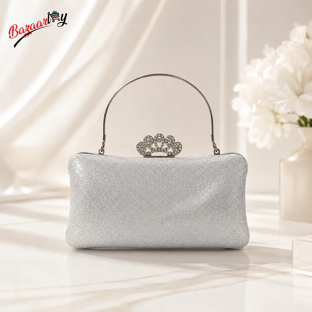 Elegant Silver Glitter Clutch Bag for Women with Crystal Crown Handle – Party & Wedding Handbag